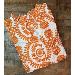 Womens Orange White Floral Embroidered Balloon Sleeve Ruffle Neck Blouse Small